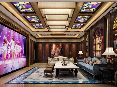Luxurious KTV Lounge Interior With Stained Glass Ceiling Large Screen And Comfortable Sofas 3d model