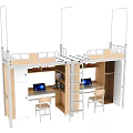 Modern Bunk Bed with Study Desks Storage Cabinets and Decorative Paintings Interior 3d model