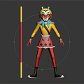 Monkey King Character With Colorful Face Paint Yellow Top Blue Scarf And Red Yellow Staff