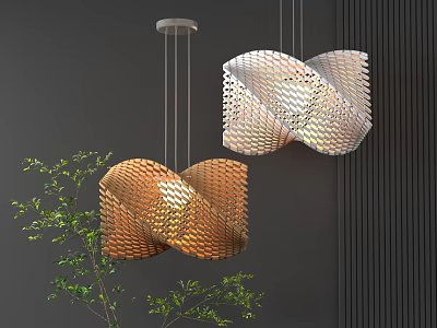 Golden And Silver Twisted Chandeliers Hanging Against Dark Wall With Green Plant 3d model