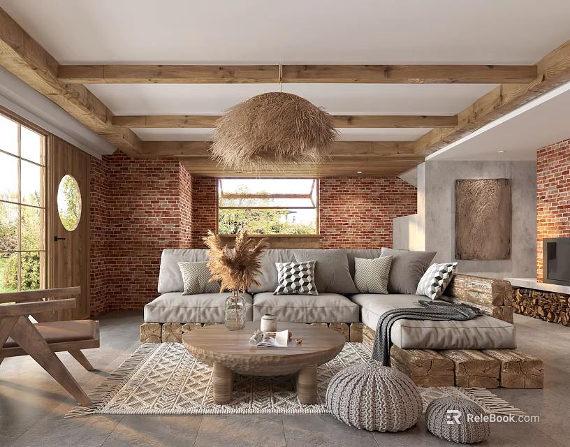 Rustic Living Room Interior With Wooden Beams Rattan Pendant Light Brick Wall And Gray Sofa 3d model 