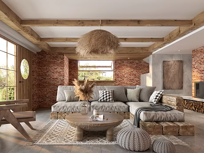 Rustic Living Room Interior With Wooden Beams Rattan Pendant Light Brick Wall And Gray Sofa 3d model