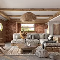 Rustic Living Room Interior With Wooden Beams Rattan Pendant Light Brick Wall And Gray Sofa