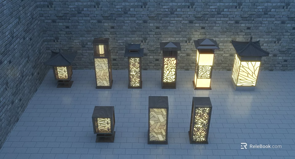 Outdoor Lights By Stone Wall On Tile Floor With Lantern Square Shapes Hollowed Patterns Glowing 3d model 