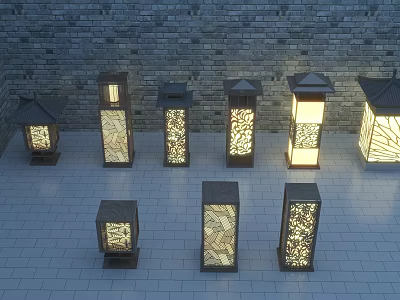 Outdoor Lights By Stone Wall On Tile Floor With Lantern Square Shapes Hollowed Patterns Glowing 3d model
