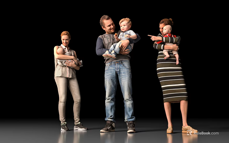 Group of People Holding Babies Standing Together Against Black Background 3d model 