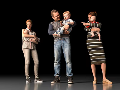Group of People Holding Babies Standing Together Against Black Background 3d model
