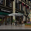Scenic Pedestrian Street View With Colorful Flowers Neon Light Decorations And Building Exterior