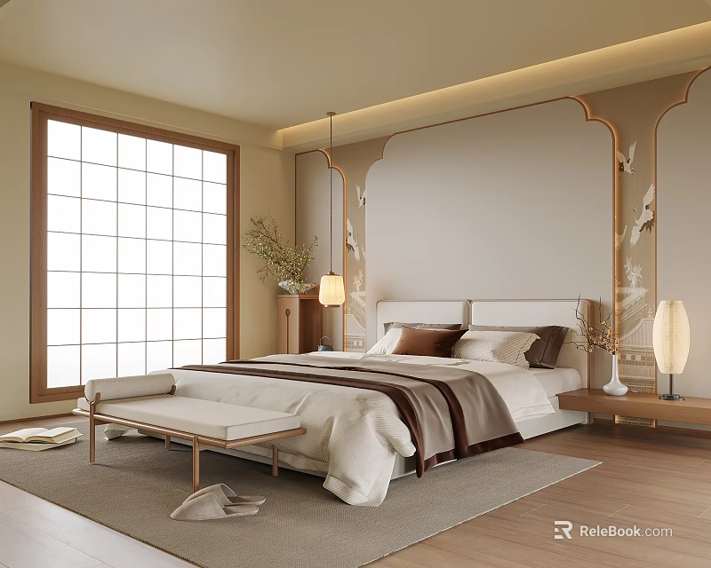 Traditional Tea Room Interior With Wooden Furniture And Zen Decorative Plants 3d model 