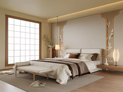 Traditional Tea Room Interior With Wooden Furniture And Zen Decorative Plants 3d model