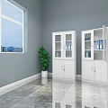 White Filing Cabinets with Glass Doors Files Green Plants Gray Walls Window and Marble Floor