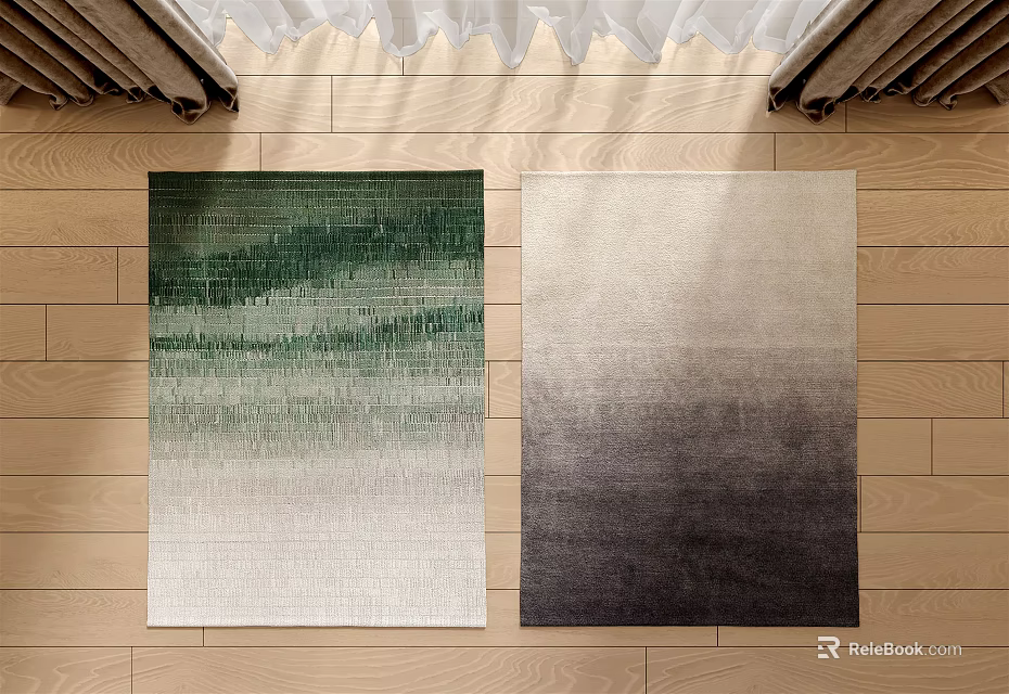 Modern Square Rugs Featuring Green And Grey Gradient Patterns On Wooden Floor 3d model