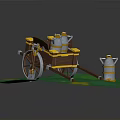 Cart With Barrels On Green Surface Featuring Yellow Trim And Silver Containers