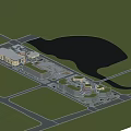 Modern Commercial Street District With Green Roof Buildings And Waterfront Area
