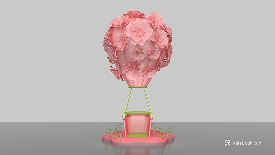 Floral Decoration Pink Flower Hot Air Balloon with Green Stand and Pink Base 3d model 