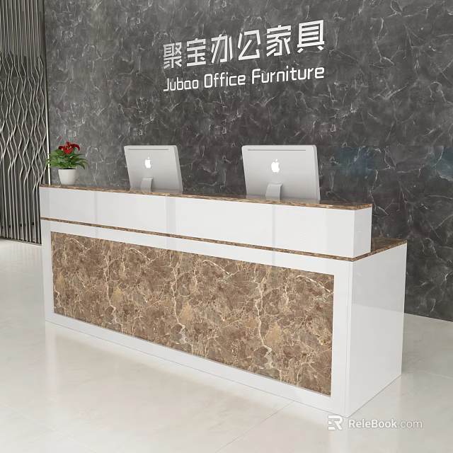 Modern Office Reception Desk With White Countertop Marble Panel And Apple iMacs 3d model