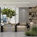Modern Café Interior Design With Green Plants Comfortable Seating And Wooden Bookshelves