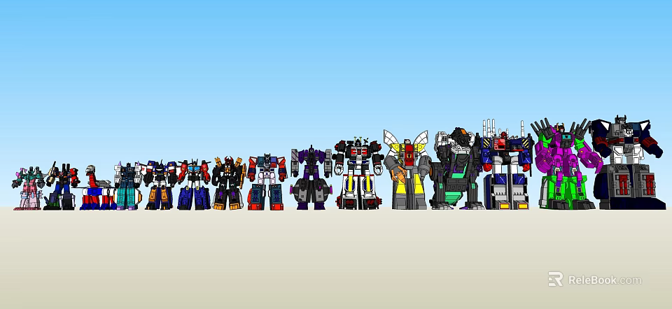 Various Colored Transformers Characters With Different Designs Lined Up Under Blue Sky 3d model 