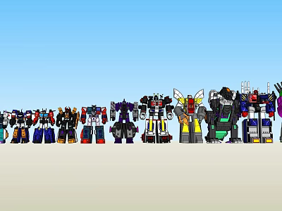 Various Colored Transformers Characters With Different Designs Lined Up Under Blue Sky 3d model