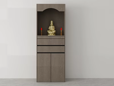 Dark Gray Buddhist Shrine Cabinet With Open Shelf Drawers Doors Golden Buddha And Red Candles 3d model