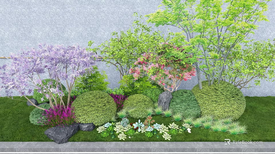 Beautiful Garden Flowers With Purple Pink Blooms Green Shrubs Stones And Small Plants On Grass 3d model 