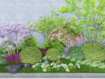 Beautiful Garden Flowers With Purple Pink Blooms Green Shrubs Stones And Small Plants On Grass 3d model