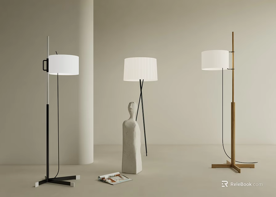 Three Modern Floor Lamps With White Lampshade And Metal Wooden Base For Interior Design 3d model 
