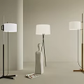 Three Modern Floor Lamps With White Lampshade And Metal Wooden Base For Interior Design