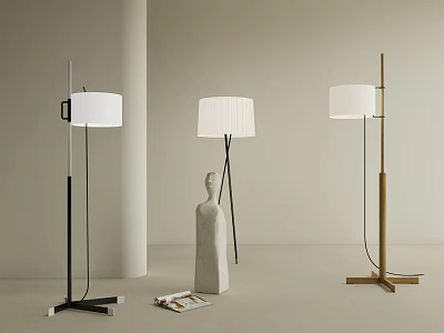 Three Modern Floor Lamps With White Lampshade And Metal Wooden Base For Interior Design 3d model
