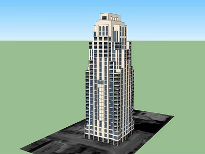 Tall Modern Building 3D Model With Glass Windows And Balconies On Green Ground 3d model