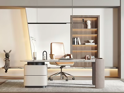 Modern Office Desk Setup With Ergonomic Chair Wooden Bookshelf And Decorative Items 3d model