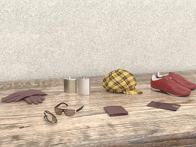 Brown Gloves Sunglasses Red Sneakers Plaid Cap And Accessories On Wooden Table 3d model