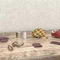 Brown Gloves Sunglasses Red Sneakers Plaid Cap And Accessories On Wooden Table