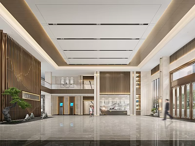 Modern Front Desk Reception Area in Elegant Lobby With Wooden Paneling Marble Floor And Chandeliers 3d model