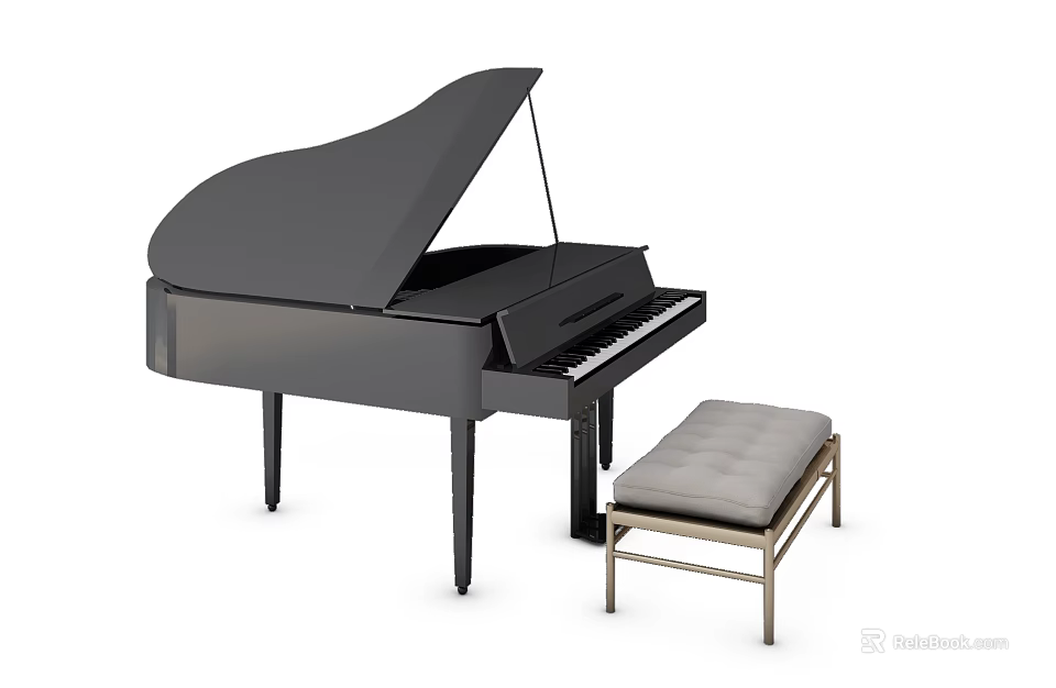 Elegant Black Grand Piano Musical Instrument with Padded Bench and Classic Design 3d model 