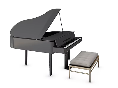 Elegant Black Grand Piano Musical Instrument with Padded Bench and Classic Design 3d model