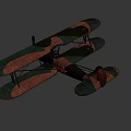 Vintage Biplane Fighter Aircraft with Green Brown Striped Wings Red Tail Emblem Propeller Landing Gear