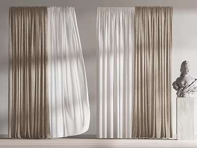 Classic Beige And White Curtains With Elegant Drapery And Decorative Statue 3d model