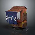 Rustic Traditional Japanese Oden Street Food Cart With Wooden Awning And Blue Curtain