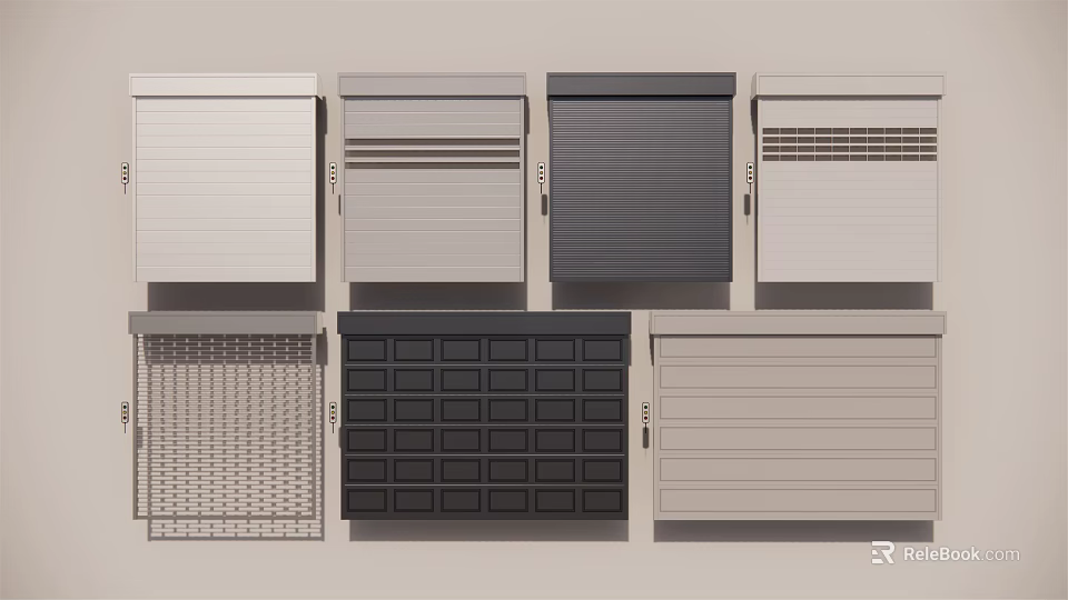 Various Design Styles Of Roller Shutters With Striped Perforated Solid And Grid Patterns 3d model 