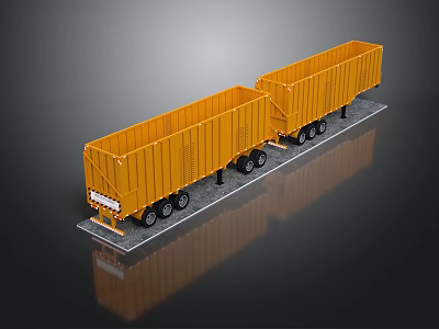 Yellow Two Section Cargo Trailer With Multiple Wheels On Flatbed Platform 3d model