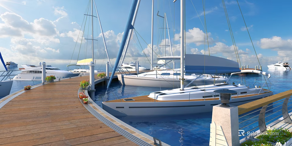 Scenic Marina View With Wooden Dock Moored Yachts Blue Water And Clear Sky 3d model 