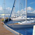 Scenic Marina View With Wooden Dock Moored Yachts Blue Water And Clear Sky