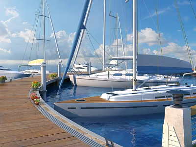 Scenic Marina View With Wooden Dock Moored Yachts Blue Water And Clear Sky 3d model
