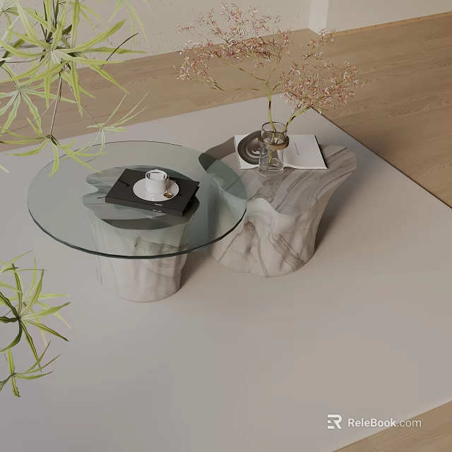 Modern Sofa And Coffee Table Set With Marble Base Glass Top And Decorative Plants 3d model 