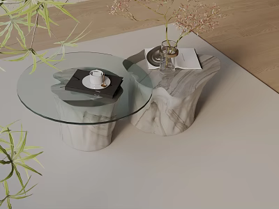 Modern Sofa And Coffee Table Set With Marble Base Glass Top And Decorative Plants 3d model