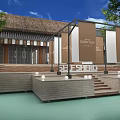 Tranquil Garden Landscape With Thatched Roof Building Steps Water And Trees