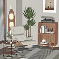 Comfortable White Leisure Chair In Modern Interior With Green Plants Bookshelf Vinyl Record Player And Side Table