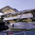 Modern Sales Office Building Surrounded By Lush Trees And Landscaped Walkways