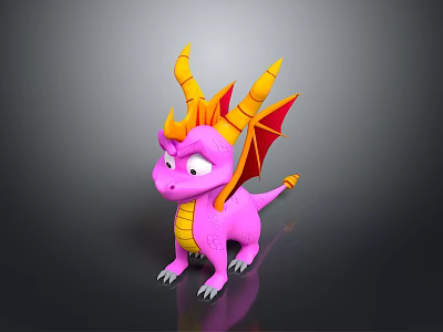 Cartoon Dragon Character 3D Model With Pink Body Yellow Horns And Red Wings 3d model